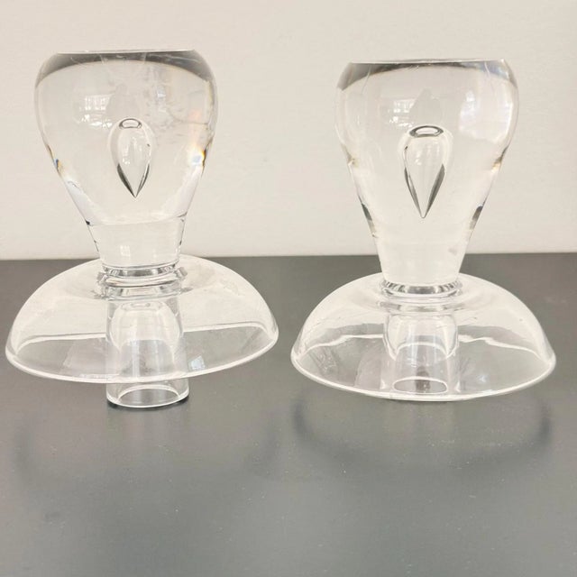 Transparent Vintage Val St Lambert Crystal Candleholders MCM Teardrop Pair 4.5" ~ Belgium For Sale - Image 8 of 11