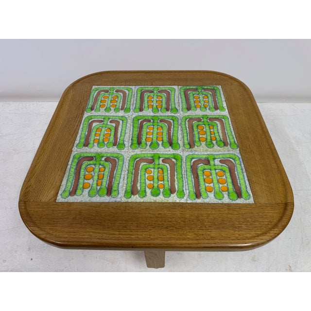 French Oak Coffee Table with Tiled Top attributed to Guillerme et Chambron for Votre Maison, 1970s For Sale - Image 10 of 11