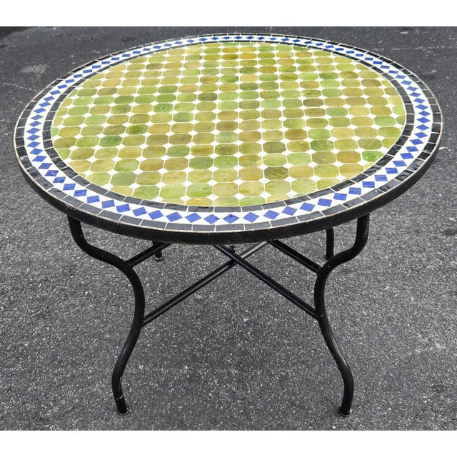 Moroccan 40" Handcrafted Olive Green, Blue, Black and White Moroccan Mosaic Table For Sale - Image 3 of 7