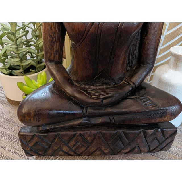 Vintage Hand Carved Wooden Buddha Statue Sculpture Meditation Figure 14” Thai For Sale - Image 9 of 12