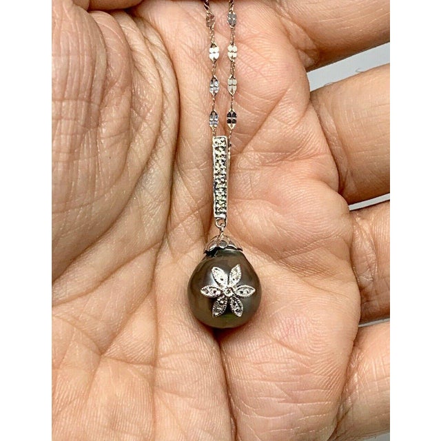 2010s Diamond Tahitian Pearl Necklace 18k Gold Certified For Sale - Image 5 of 9