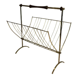 in the Style of Cesare Lacca, Brass and Wood Folding Magazine Rack, Italian, cir