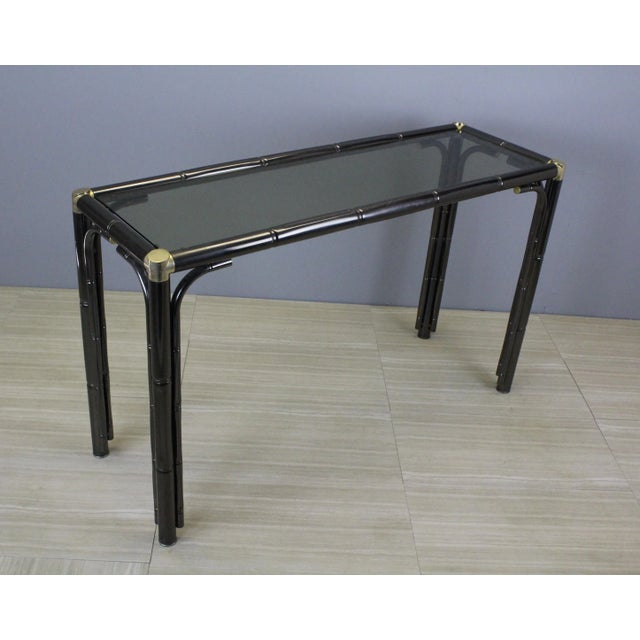 Mid-Century Modern Mid Century Faux Bamboo Metal Console With Glass Top For Sale - Image 3 of 9