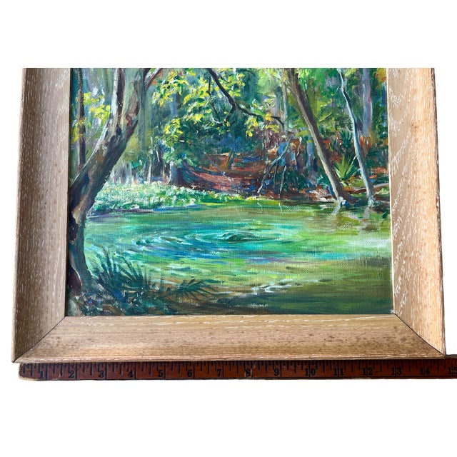 Wood Vintage Florida Spring Landscape Painting in the Highwaymen Style in Pickled Cerused Wood Frame, Mid-20th Century For Sale - Image 7 of 9
