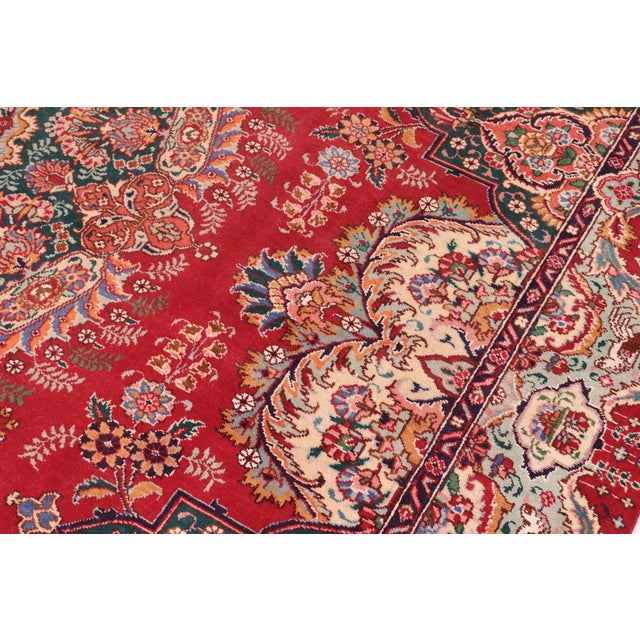1980s Shabby Chic Tabriz Red/Green Wool Rug - 9'6'' X 13'3'' For Sale - Image 5 of 10