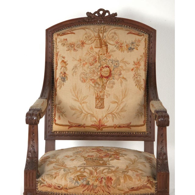 Pair of Louis XVI–Style Walnut/Beech Part Gilt Armchairs With Aubusson Tapestry Upholstery For Sale In San Francisco - Image 6 of 12
