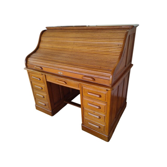 Late 19th Century 1890's Edwardian Oak Roll Top Desk For Sale - Image 5 of 18