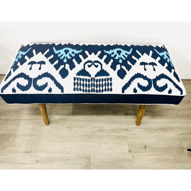 2020s Quadrille China Seas Kazak Blue and White Ikat Bench For Sale - Image 5 of 5