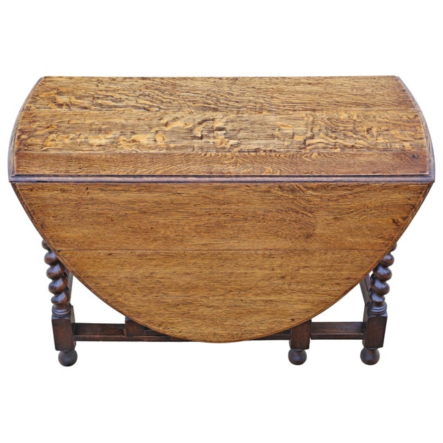 Wood Large Antique Oak Barley Twist Gateleg Drop-Leaf Dining Table, 1920s For Sale - Image 7 of 13