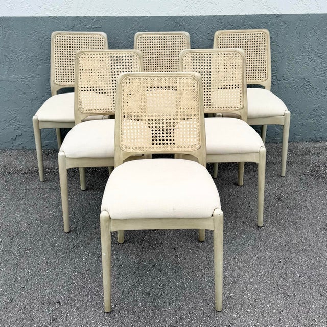 A refined set of six Safavieh Reinhardt dining chairs featuring handwoven cane backs framed in a soft, limed wood finish....
