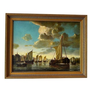 Early 20th Century After Aelbert Cuyp, "The Maas at Dordrecht" — Vintage Oil on Linen, Dutch Golden Age Marine Scene, Sourced in France For Sale