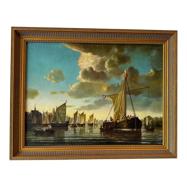 Early 20th Century After Aelbert Cuyp, "The Maas at Dordrecht" — Vintage Oil on Linen, Dutch Golden Age Marine Scene, Sourced in France For Sale