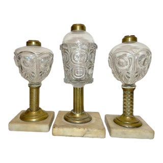 Lot of 3 Rare Antique 19th Century Bullseye Glass Brass Marble Whale Oil Lamp For Sale