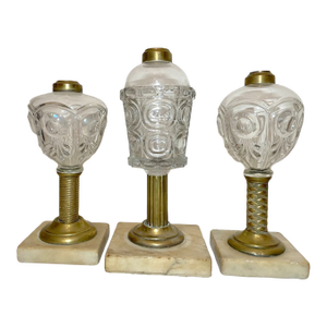 Lot of 3 Rare Antique 19th Century Bullseye Glass Brass Marble Whale Oil Lamp