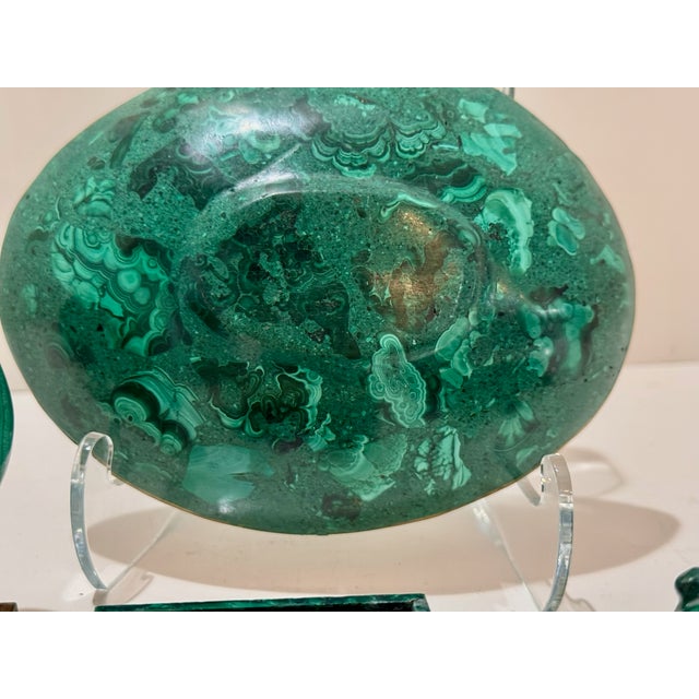 Vintage Malachite Decorative Collection – Carved Stone Eggs, Box, Animal Figurine, and Gilt-Edged Dish For Sale - Image 9 of 9