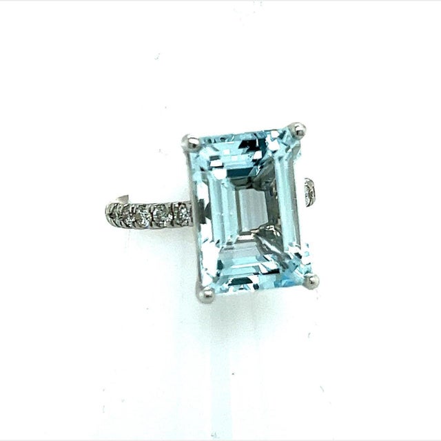Traditional Natural Aquamarine Diamond Ring 14K W Gold 6.67 TCW Certified For Sale - Image 3 of 9