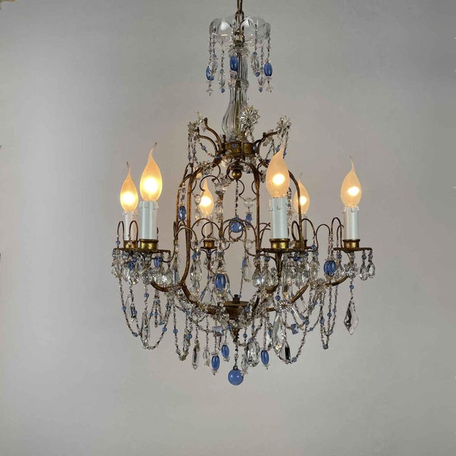 Chandelier in Golden Iron and Light Blue Crystals, 1950s For Sale - Image 14 of 14