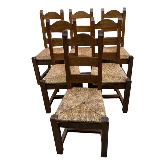 Vintage French Country Chunky Ladder Back Dining Chairs With Rush Seats - Set of 6 For Sale