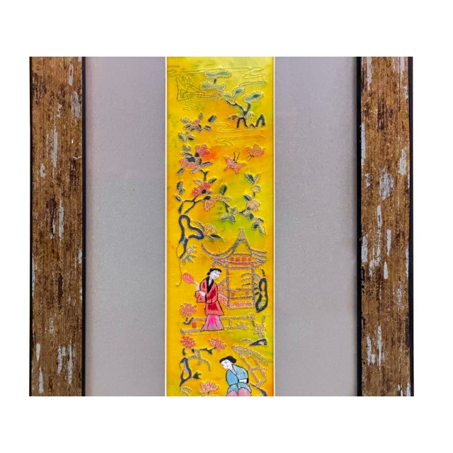 Vintage Yellow Scenery Embroidered Rectangular Framed Wall Art A For Sale - Image 9 of 13
