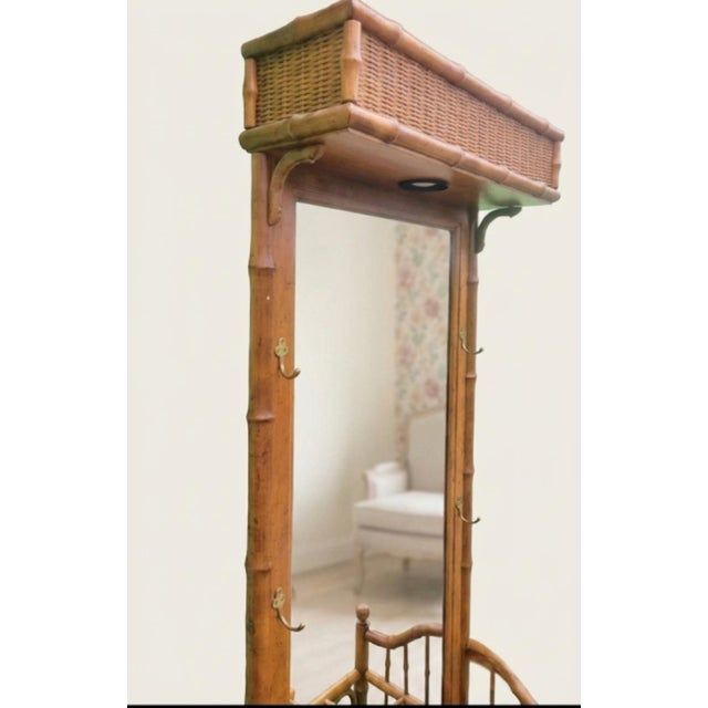 1980s Vintage Faux Bamboo & Woven Rattan American of Martinville Mirrored Hall Tree Umbrella Stand Coat Rack For Sale - Image 5 of 8