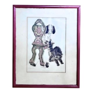 Large Early Rojankovsky Print Titled -" Pussycat Pussycat," Cat, Dog, Mice and a Moravian Chair, Signed For Sale