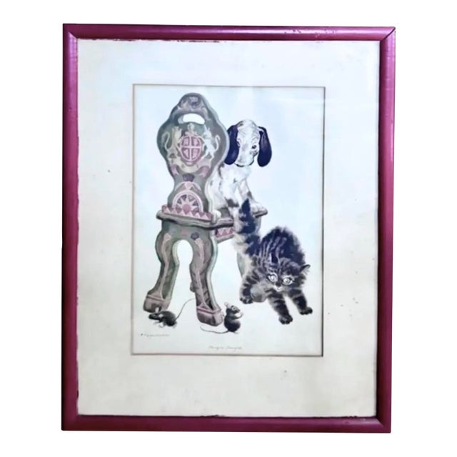 Large Early Rojankovsky Print Titled -" Pussycat Pussycat," Cat, Dog, Mice and a Moravian Chair, Signed For Sale