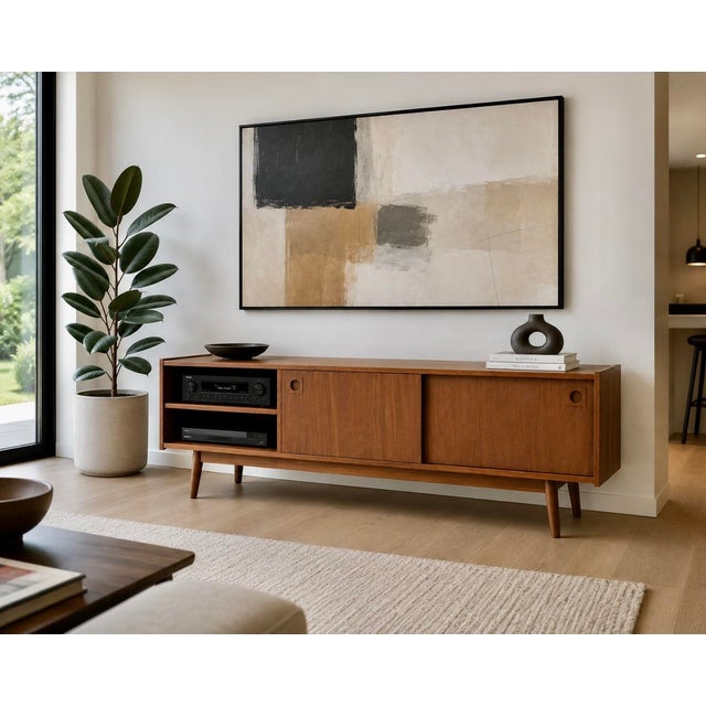 Mid-Century Modern Modern Walnut Credenza / Media Console | Minimalist Sliding Door Sideboard For Sale - Image 3 of 10