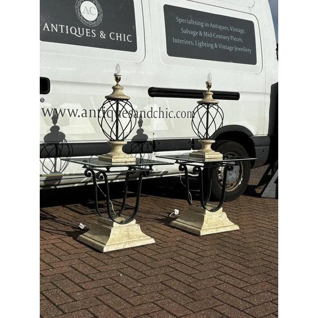 Mid-Century Cast Iron Tables with Faux Stone Glass Tops and Table Lamps, Set of 4 For Sale - Image 11 of 18