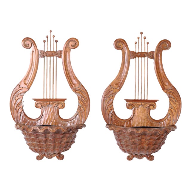 Pair of Carved Mahogany Lyre Form Wall Sconces For Sale