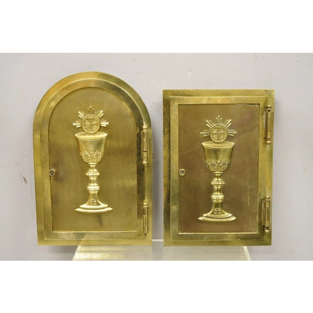 Antique Gothic Bronze Wall Hanging Altar Door Tabernacle With Chalice (B) For Sale - Image 10 of 11