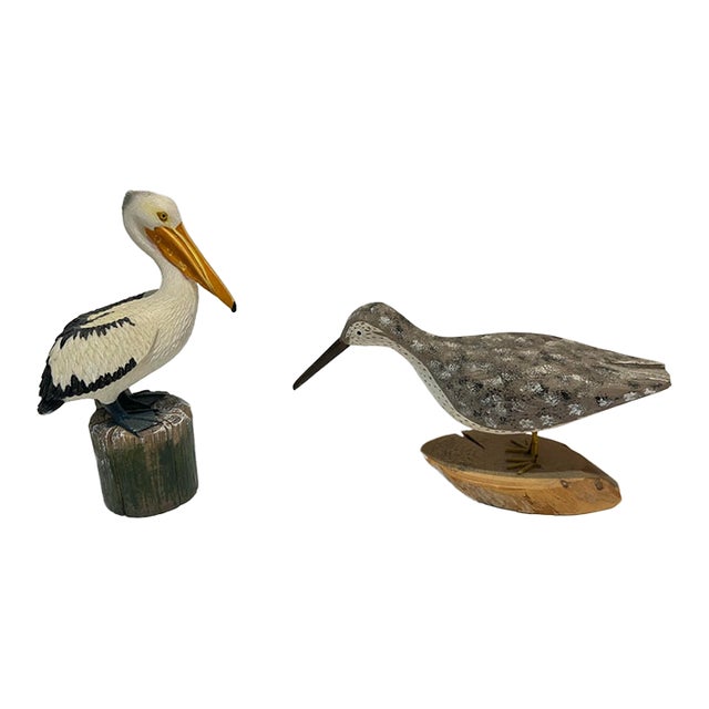 Vintage Folk Art Hand-Carved Wood Shorebird & Pelican Sculptures - Pair For Sale