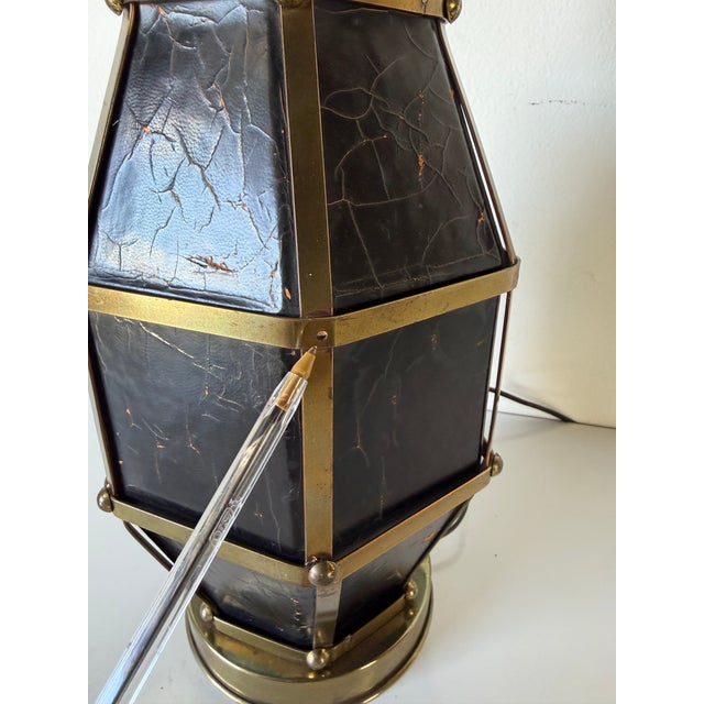 Vintage Hollywood Regency Brass & Black Leather Geometric Table Lamp For Sale - Image 10 of 13