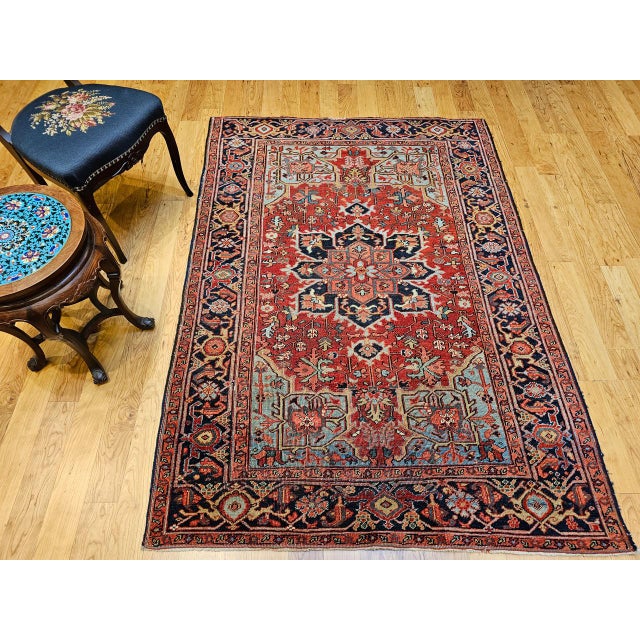 Red Antique Persian Heriz Serapi Rug, Hand-Knotted Wool, Geometric Pattern, Brick-Red & Blue, 5x7 For Sale - Image 8 of 18