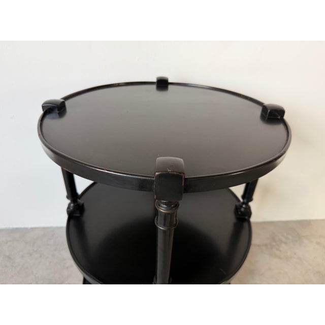 1960s Hollywood Regency Black Ebonized Three-Tier Side Table on Brass Casters For Sale - Image 9 of 12