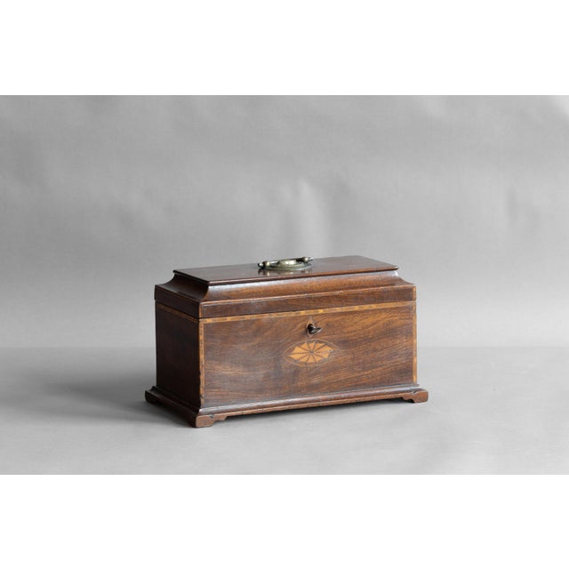 Mahogany tea caddy with shell inlay on bracket feet. Circa 1780.