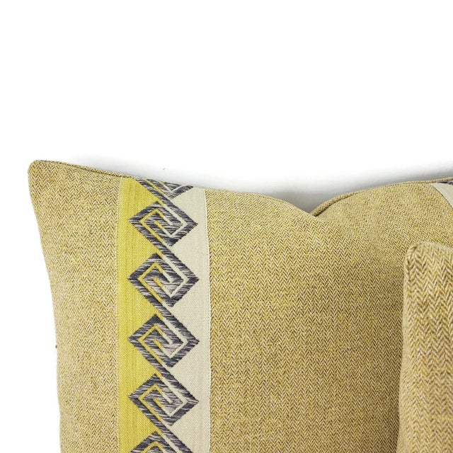 Contemporary Yellow and Tan Mini Herringbone Embellished With Gray and Gold Fretwork Trim Pillow Cover with Kelly Wearstler Trim For Sale - Image 3 of 7
