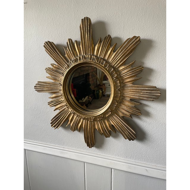 Vintage 16.5" Mid Century Creamy Giltwood Sunburst Wall Mirror For Sale - Image 13 of 16