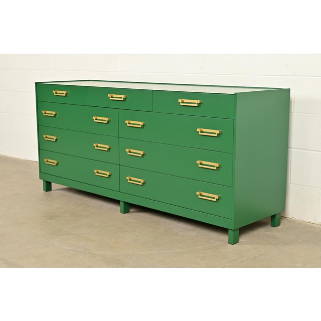 Mid-Century Modern Michael Taylor for Baker Furniture Mid-Century Hollywood Regency Green Lacquered Campaign Dresser, Newly Refinished For Sale - Image 3 of 15