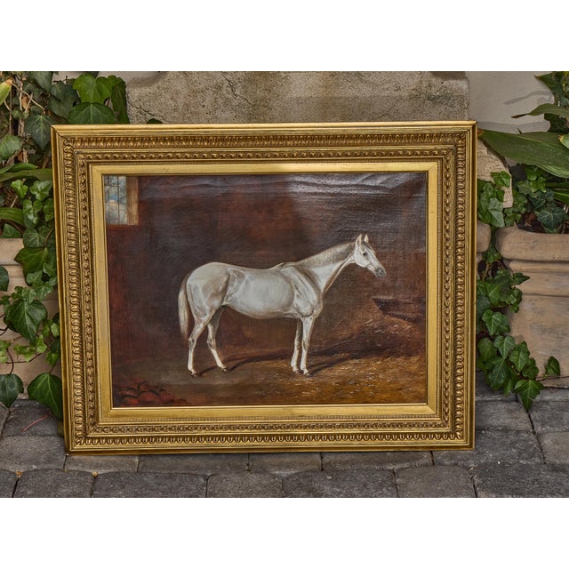 Brown Antique English Oil Painting of a White Horse in Giltwood Frame, circa 1884 For Sale - Image 8 of 12