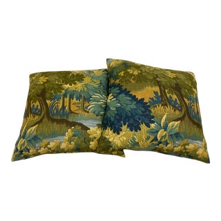 Scenic Flora Green Trees Linen Print PIllows - a Pair For Sale