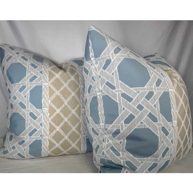 Custom pair of 22" pillows covered in Thibaut "Trelliage Fabric" in color mineral/sand. These pillows have tapered corners...