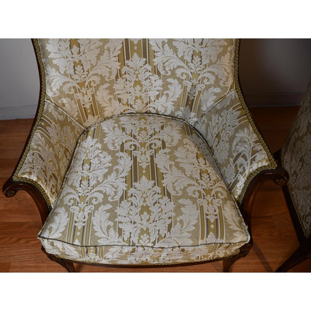 1930 Pair French Carved Mahogany High-Back Living Room Chairs / Spring-Seat For Sale - Image 6 of 18