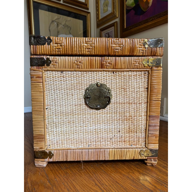 Vintage Asian Woven Rattan & Bamboo Blanket Chest With Brass Hardware For Sale - Image 9 of 12