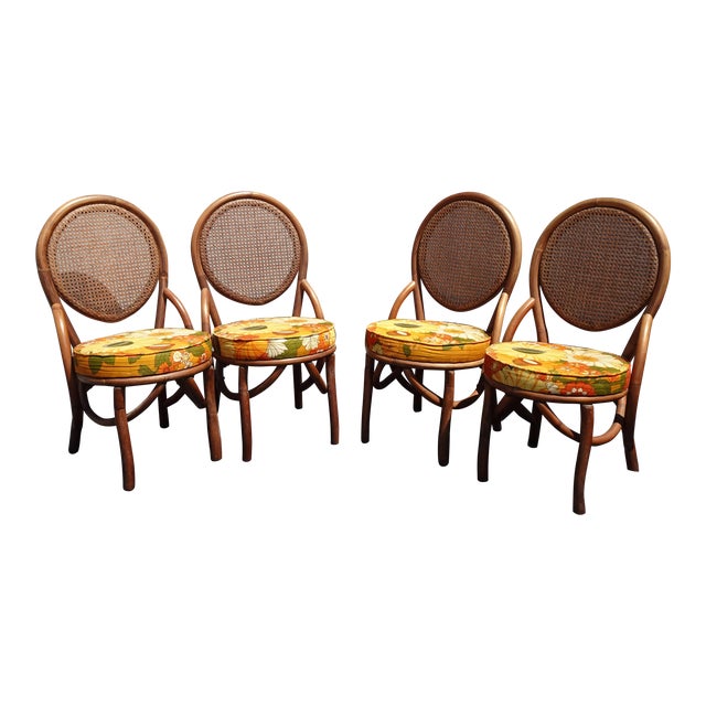 Four Vintage Mid Century Modern Orange Floral Cane & Bamboo Dining Room Chairs | Chairish