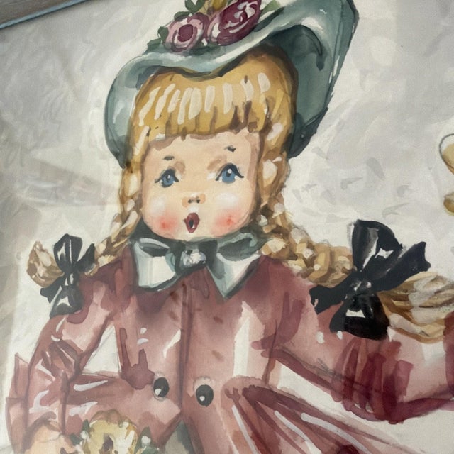 Vintage Mid Century Child Watercolor Paintings Signed F. Gardener Matched Pair For Sale - Image 12 of 14