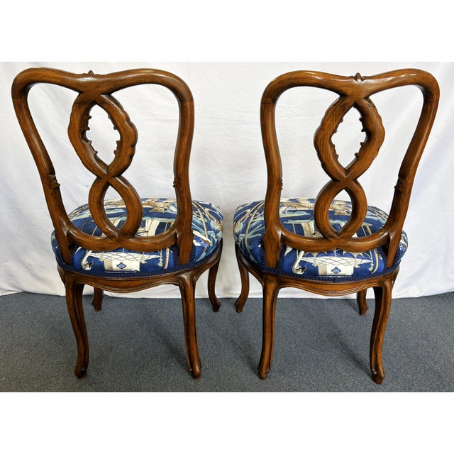 Brown Vintage Pretzel Back Wood Chairs With New Statement Upholstery- A Pair For Sale - Image 8 of 18