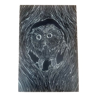 “Nocturne: Owl in the Hollow” Owl Scratchboard / Relief Drawing by Nancy Smith For Sale