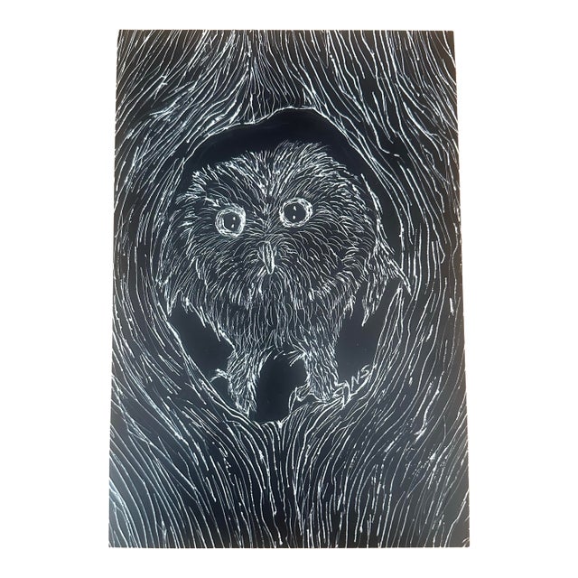 “Nocturne: Owl in the Hollow” Signed Original Owl Scratchboard / Relief Drawing by Nancy Smith For Sale