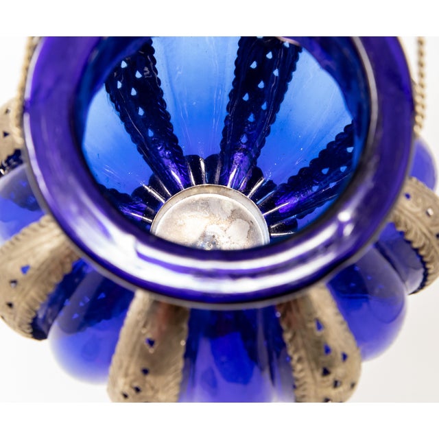 Blue Mid-Century Pewter Moroccan Lantern with Blue Glass For Sale - Image 8 of 13