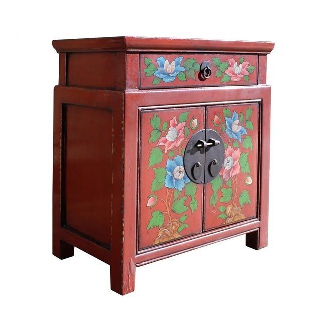 This is a handmade Chinese accent decorative end table nightstand with a distressed orange-red base color. The front and...